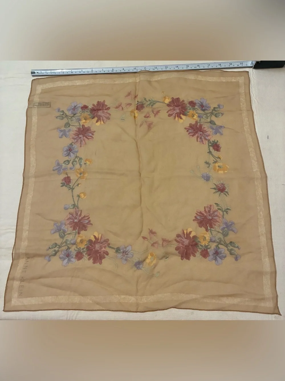 Anne Klein Beige Floral Silk Scarf with Pink, Purple & Yellow Flowers